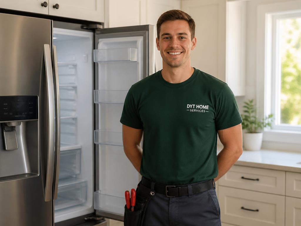 Technician repairing a refrigerator in a kitchen
