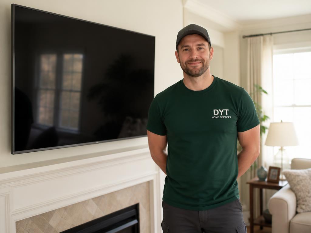 Technician mounting a television on a living room wall