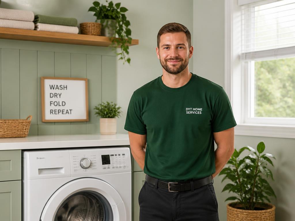Technician repairing a front loading washing machine